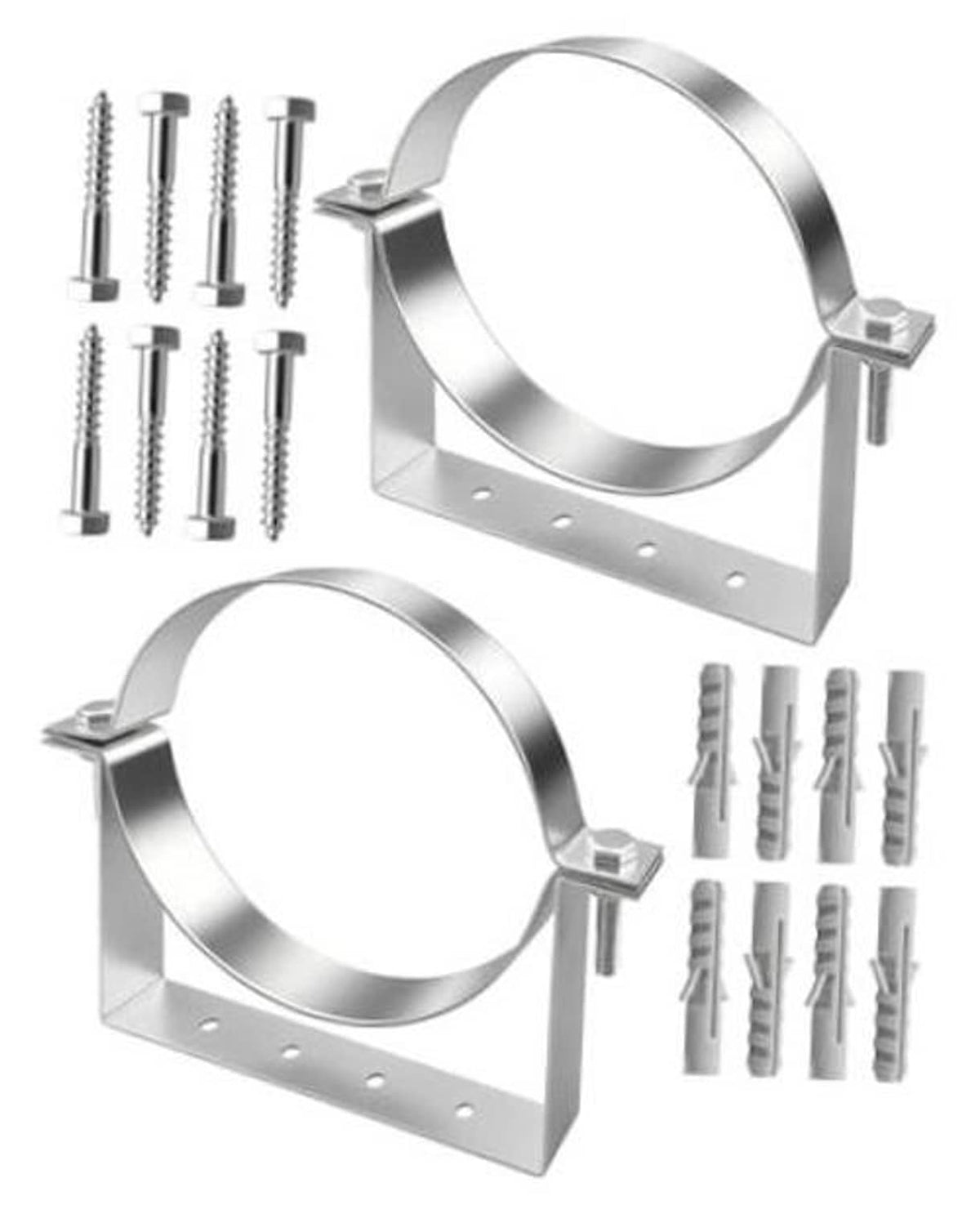 Rigid split-ring pipe hanger with galvanized bracket and mounting screws, metal vent support