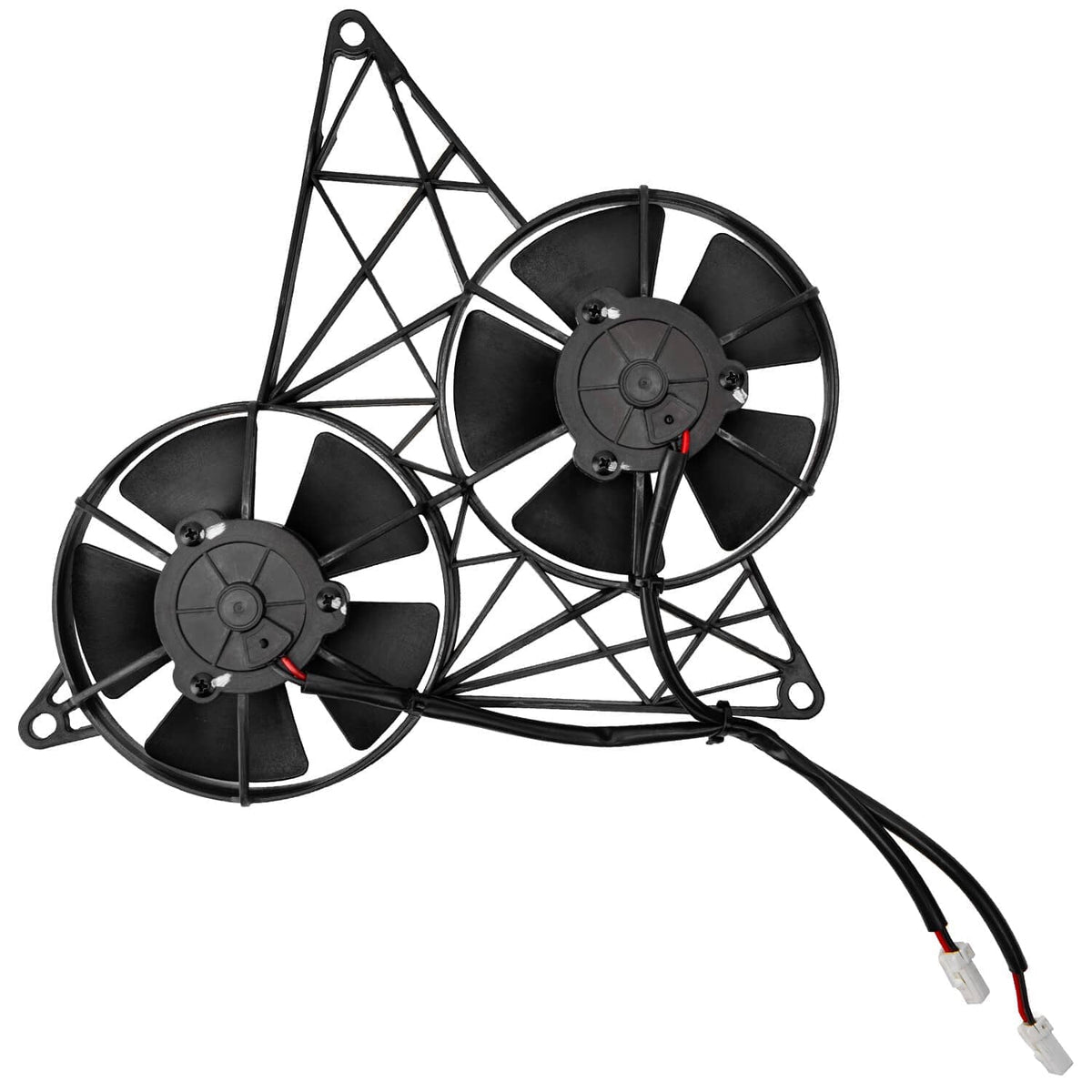 Black dual radiator cooling fans with metal mounting frame and two power leads