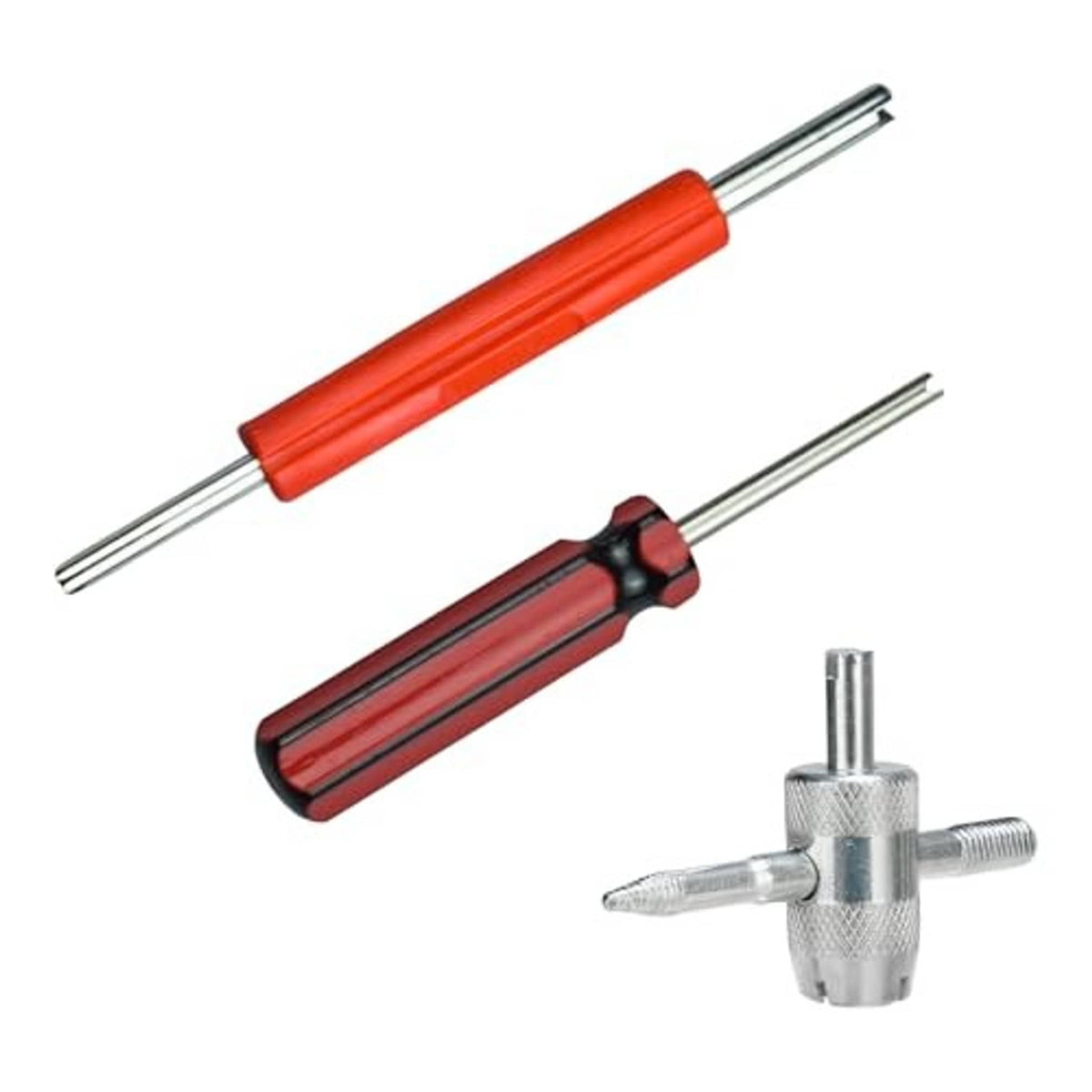 Tire valve stem removal tool kit showing red and black dual-head tools with silver valve core wrench