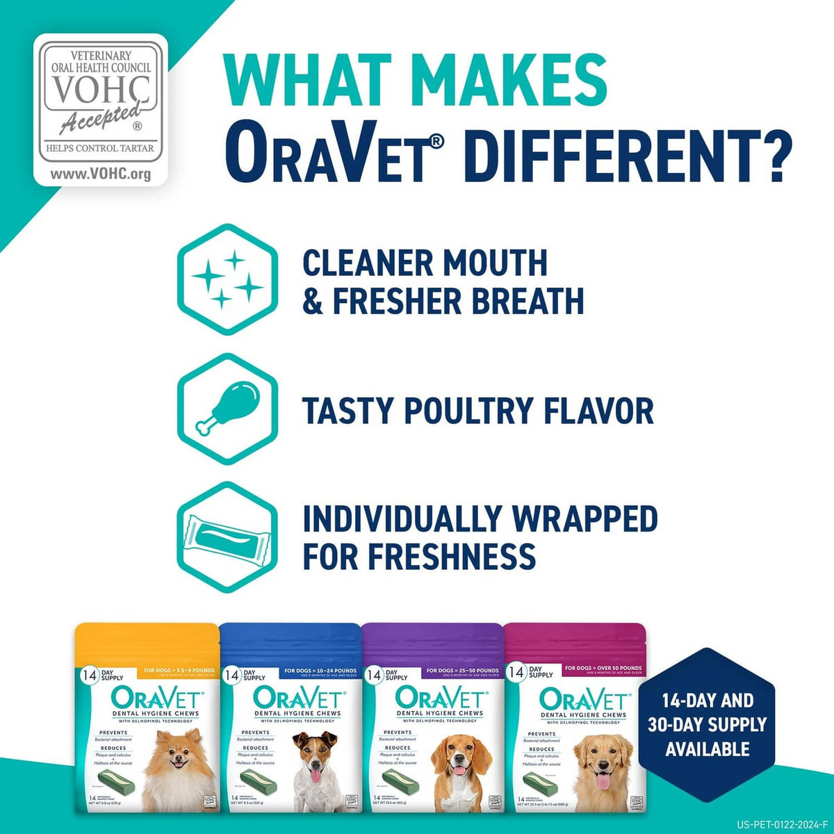 Dog dental hygiene chew box lineup at the bottom with badges and product highlights above