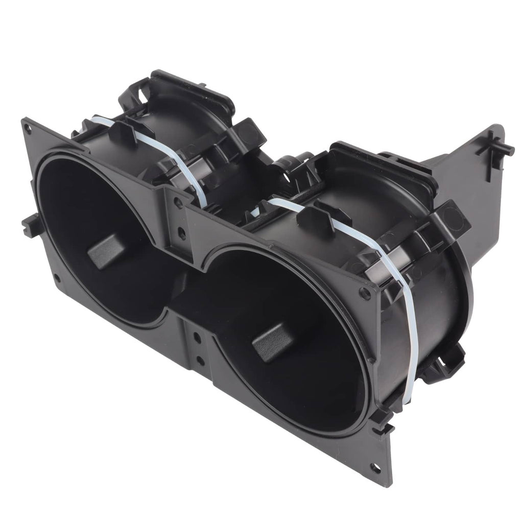 Black front console dual cup holder insert with clips and circular openings