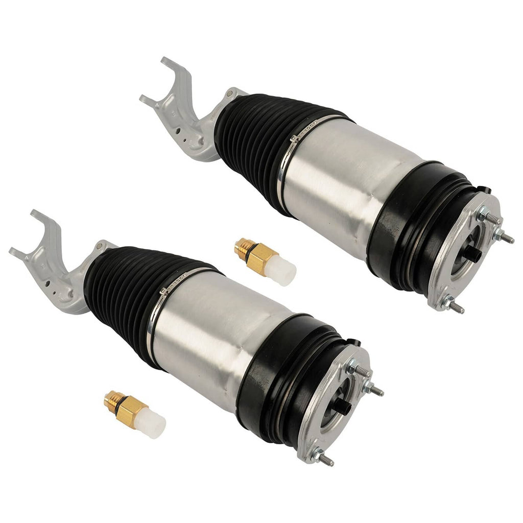 Pair of air strut shocks side view, black bellows over silver bodies with gold valve caps