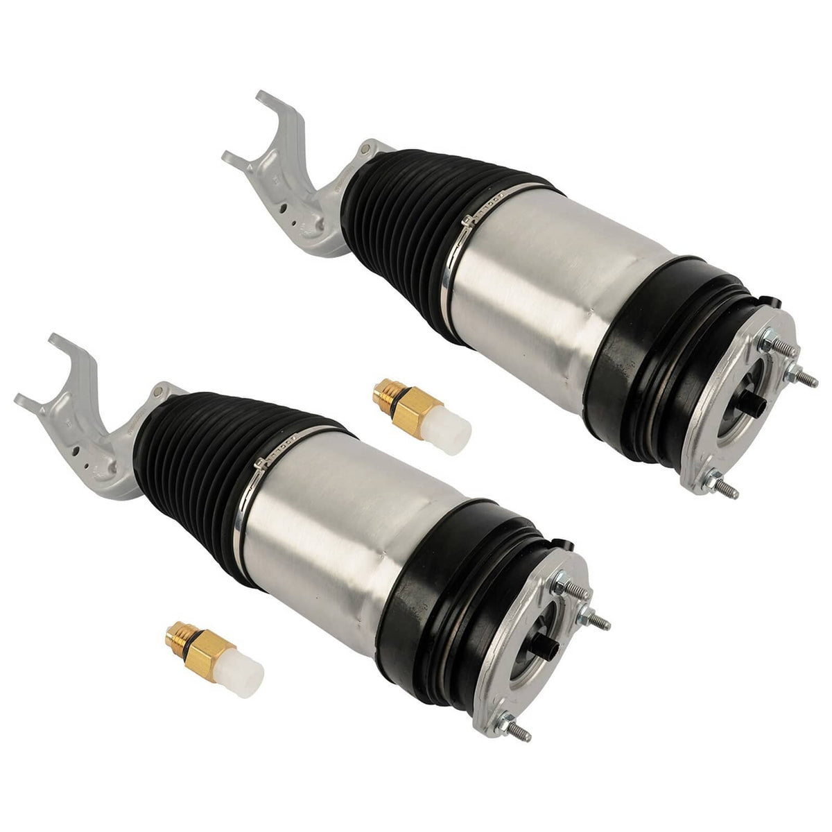 Pair of air strut shocks side view, black bellows over silver bodies with gold valve caps