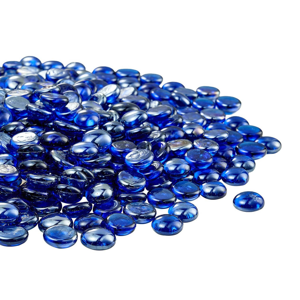 Close-up of cobalt blue round fire pit glass rocks, glossy reflective beads