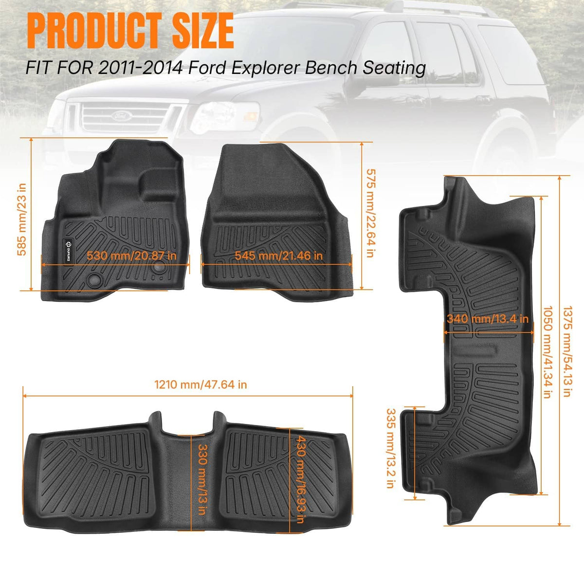 Black 3-row floor mat liner set for bench seating, showing molded channels and raised grips