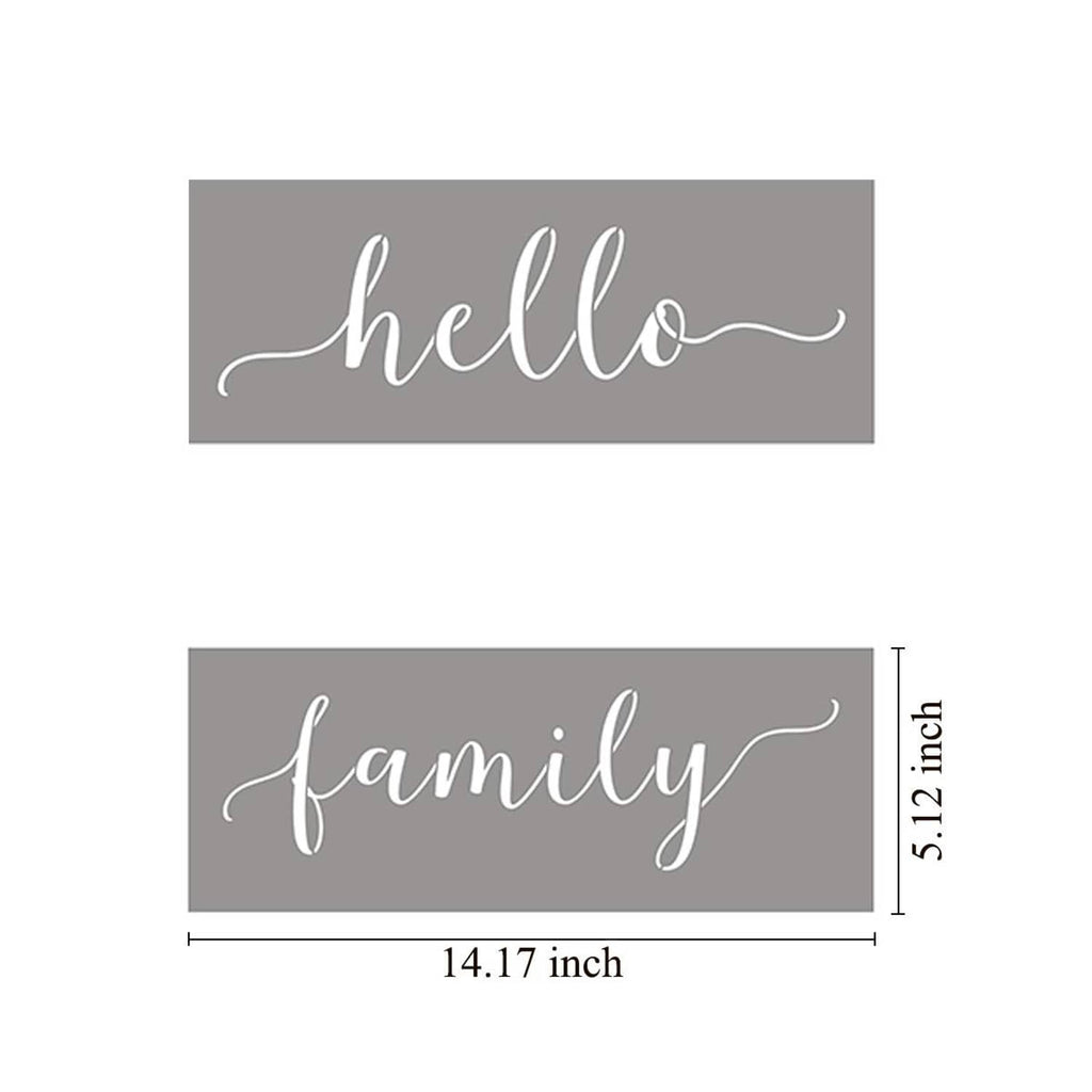 Stencil size guide showing 'hello' and 'family' lettering with measurements