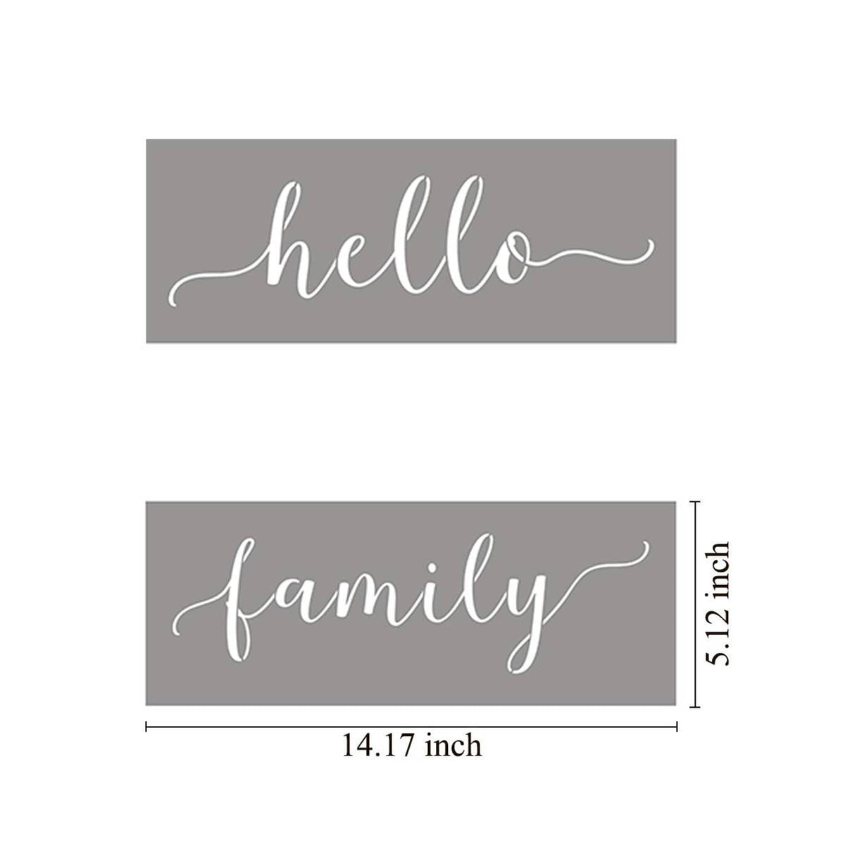 Stencil size guide showing 'hello' and 'family' lettering with measurements