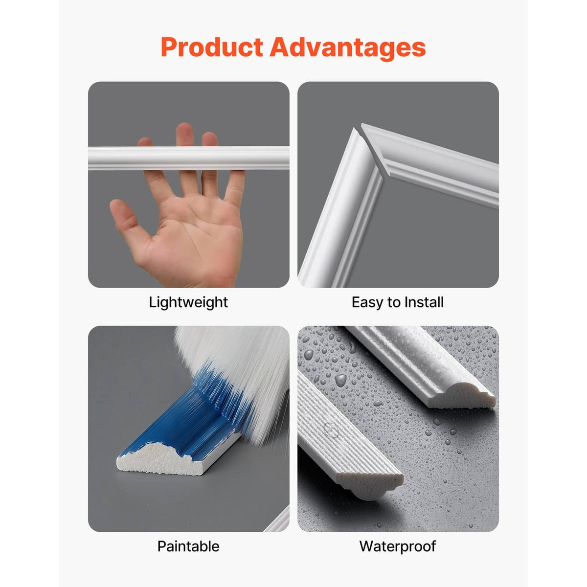 White wainscoting panel features collage showing lightweight, easy install, paintable, waterproof