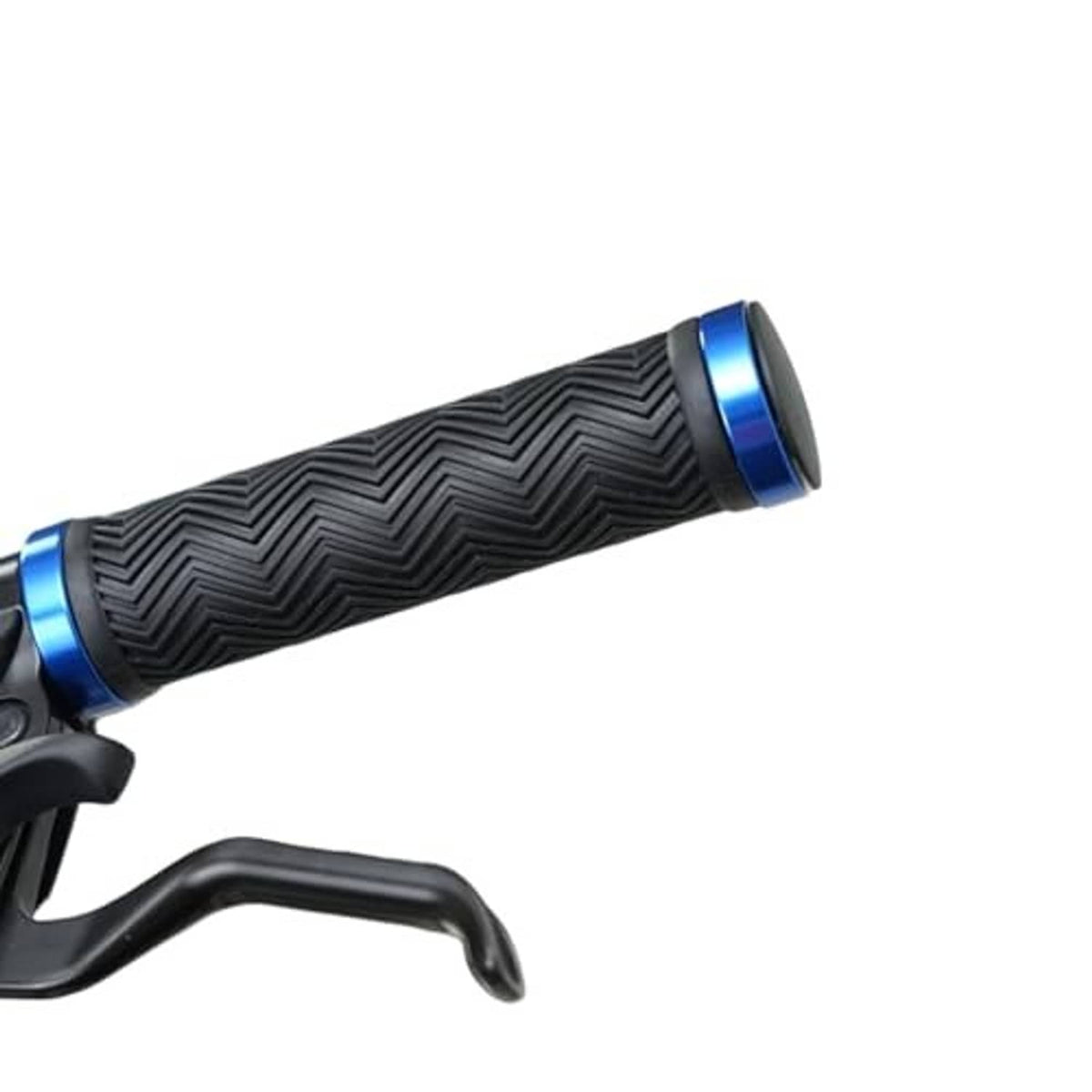 Bike handlebar grip on handlebar, black zigzag rubber with blue aluminum end cap.