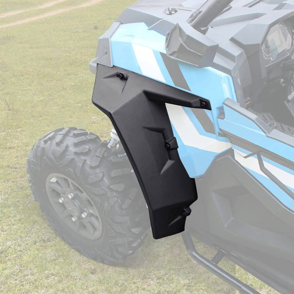 Front extended fender flare set, black plastic, mounted beside a blue off-road UTV