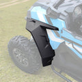 Front extended fender flare set, black plastic, mounted beside a blue off-road UTV