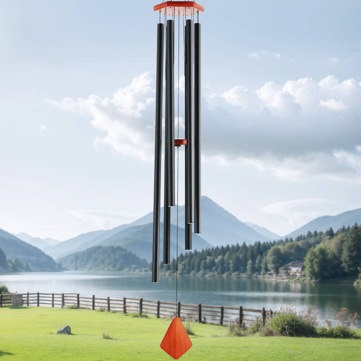 60-inch aluminum wind chime hanging outdoors with diamond tone piece and four tubes