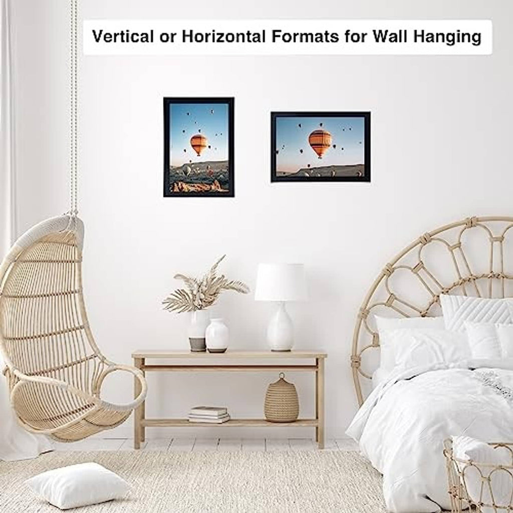 Black 8x12 picture frame on wall with hot air balloon photo, vertical and horizontal use