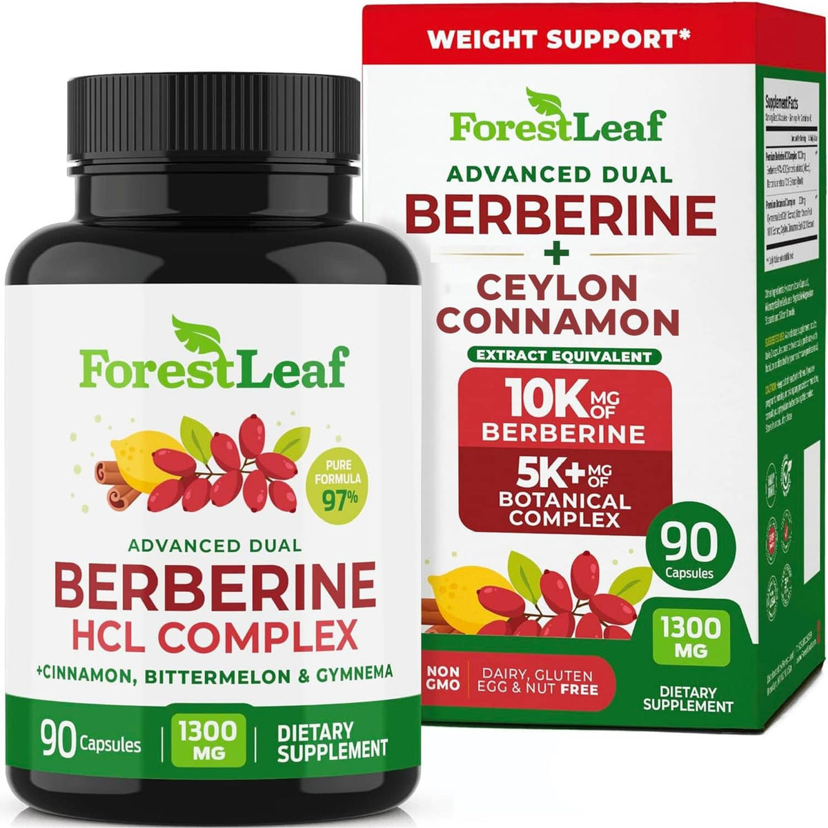 ForestLeaf dual berberine HCL supplement bottle with 90 capsules and matching box