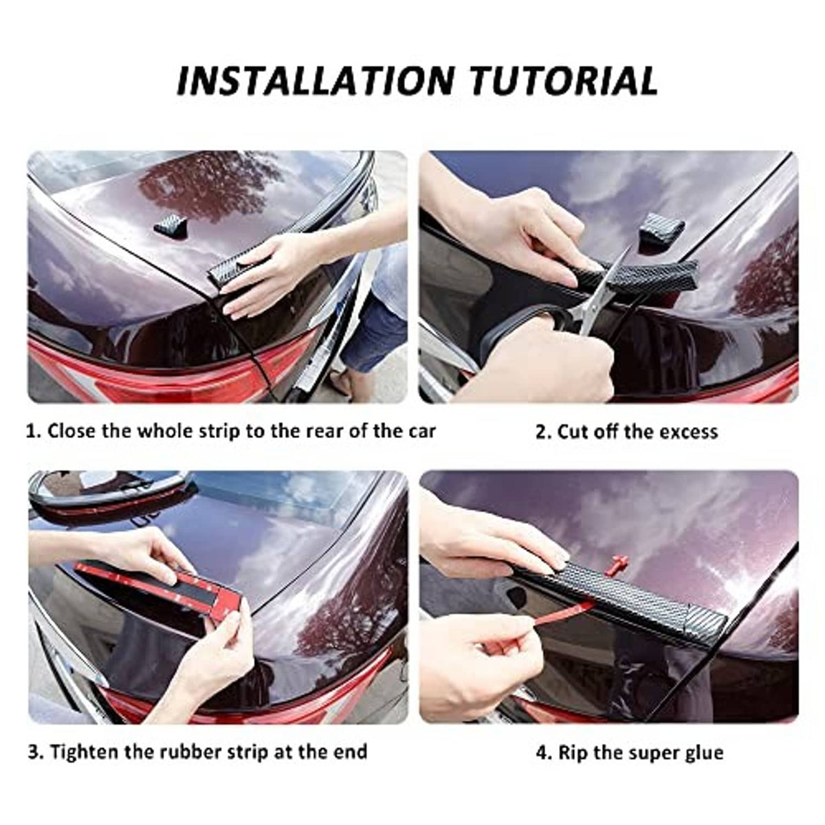 Glossy black trunk spoiler lip installation shown on car trunk lid