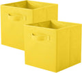 Foldable yellow fabric storage cubes with front handles, two-pack.