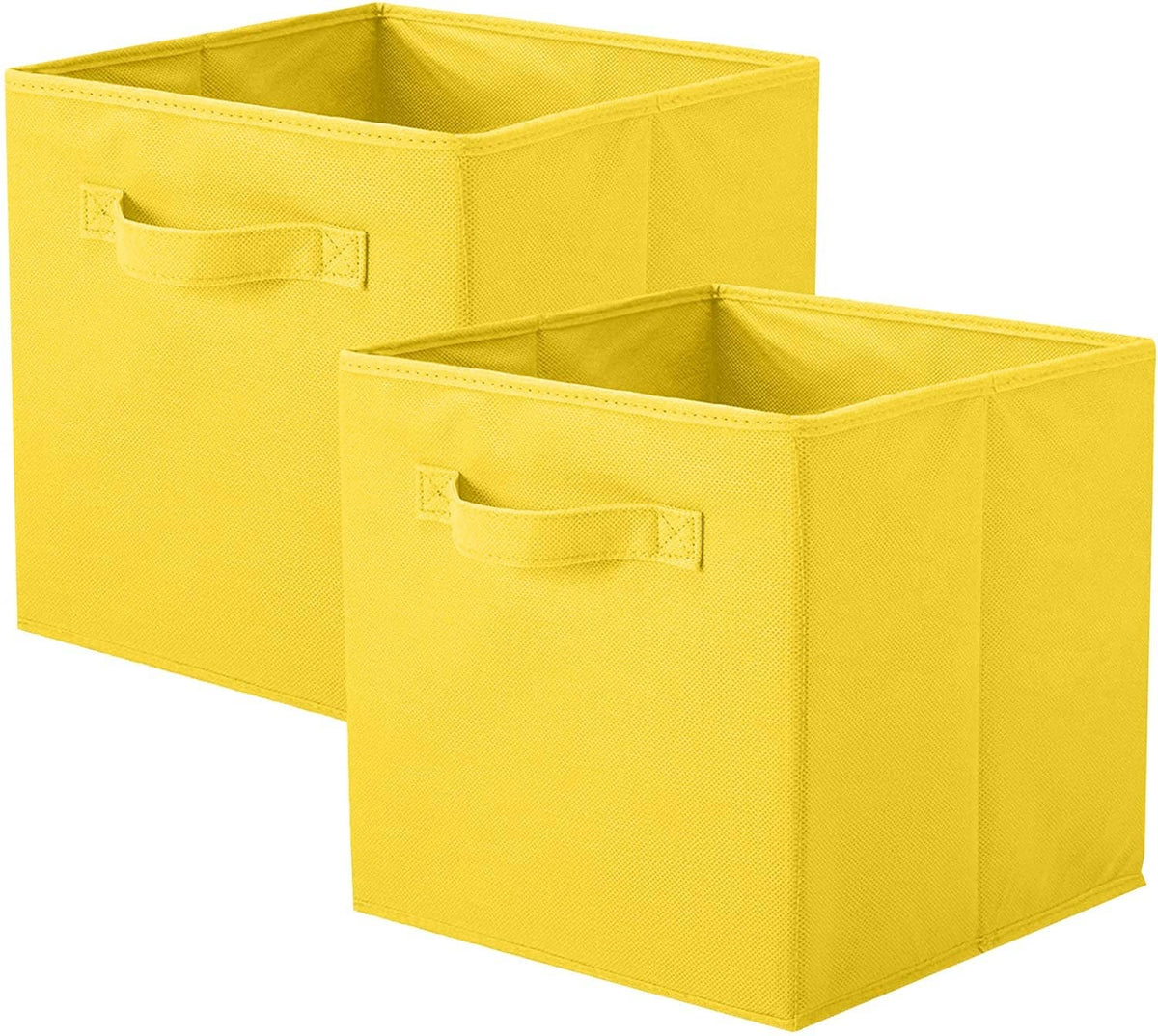 Foldable yellow fabric storage cubes with front handles, two-pack.