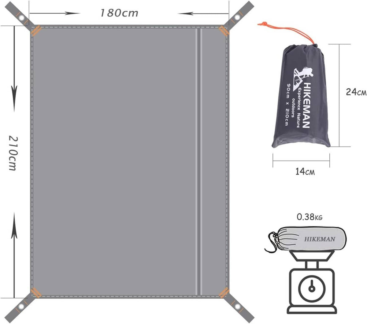 Grey tent footprint tarp, 180 x 210 cm, with corner reinforcement and tie points