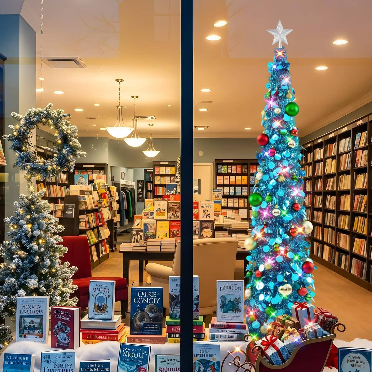6ft blue LED pop-up Christmas tree with star topper and multicolor bauble ornaments