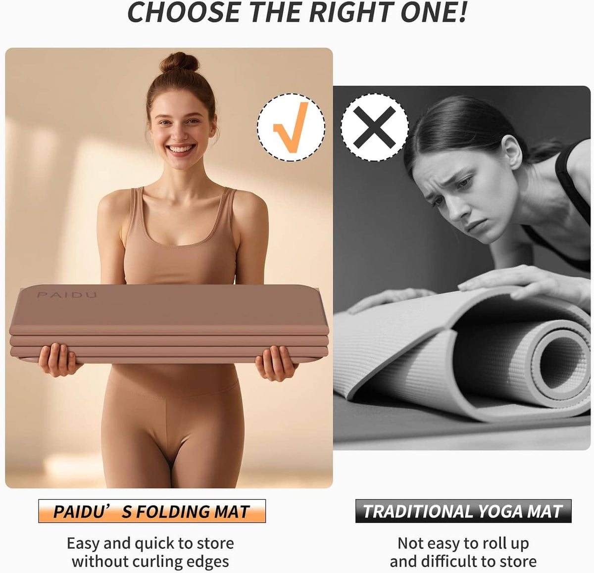 Foldable yoga mat comparison with another rolled mat; shows compact, easy storage