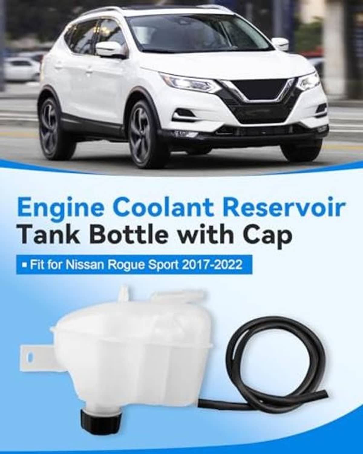 Engine coolant reservoir tank bottle with black cap and hose, shown on light background