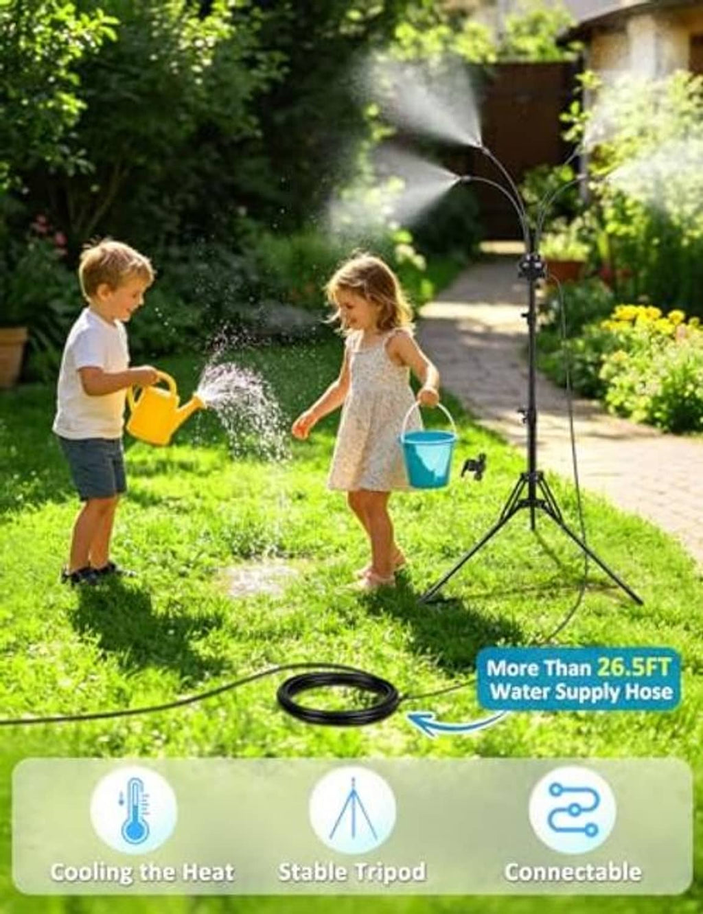 Black standing misting tripod with hose and spray for outdoor cooling