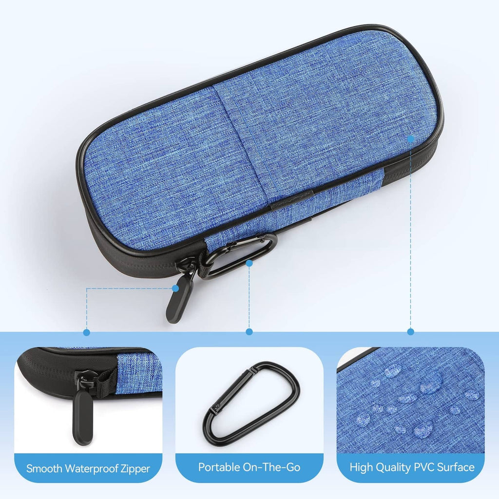 Blue insulated insulin travel case with zipper and attached clip for easy carrying.