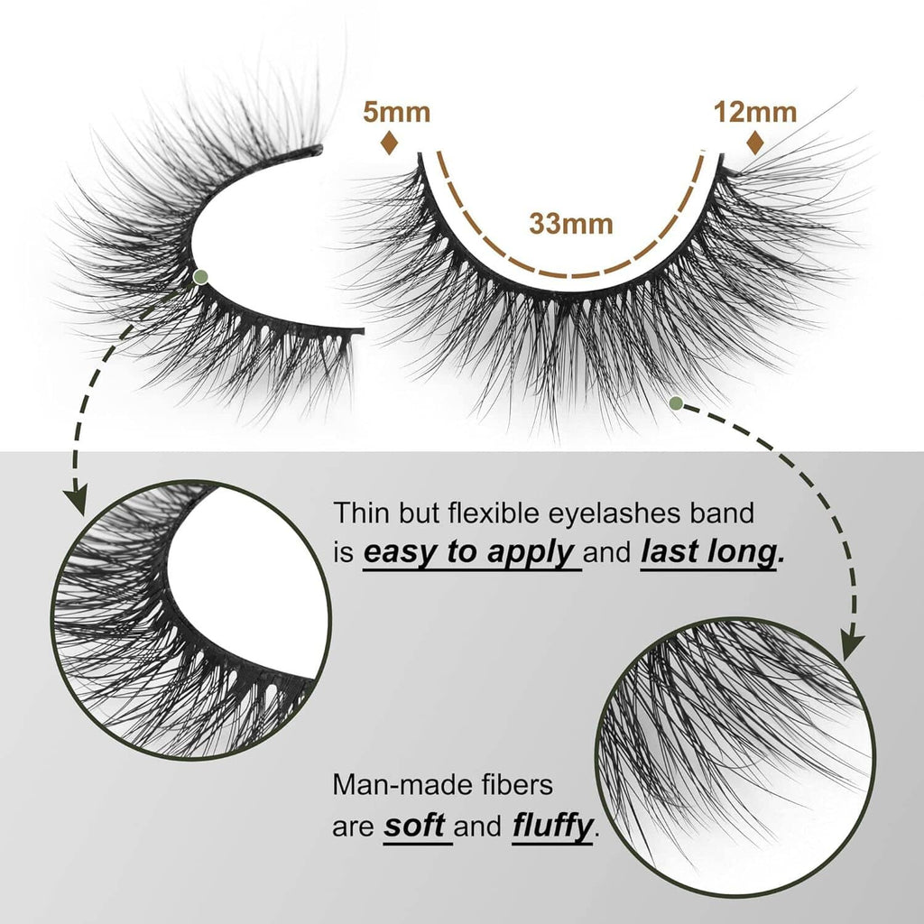 Pair of dark cat-eye false eyelashes with curved lash bands, side view