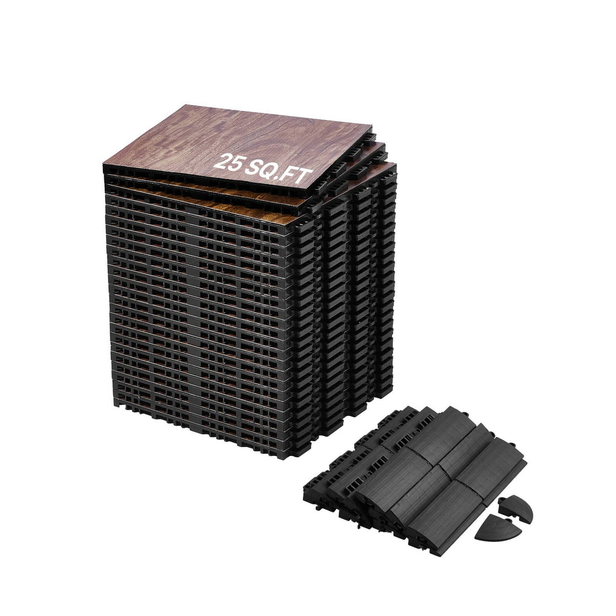 Interlocking gym floor tiles set, brown woodgrain tops with black interlocking edges.