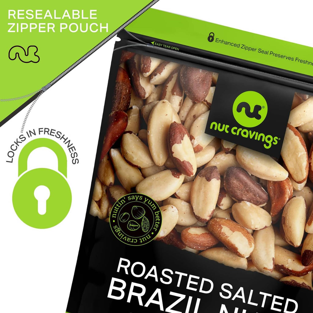 Resealable zipper pouch of roasted salted Brazil nuts, no-shell nut pieces