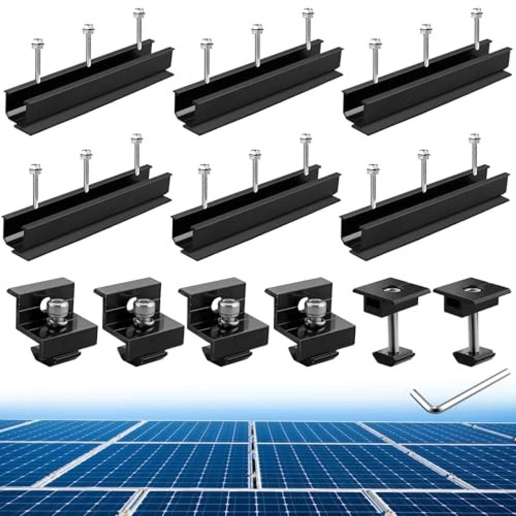 Set of black solar panel mounting rail brackets with bolts, end clips, and center clips