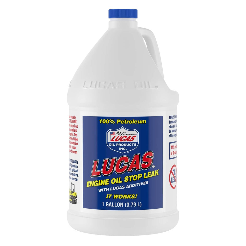 Lucas Oil engine oil stop leak additive, 1-gallon plastic bottle with blue cap