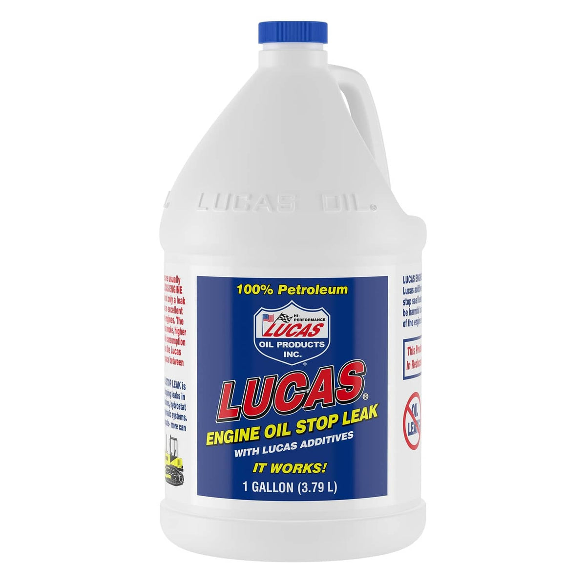 Lucas Oil engine oil stop leak additive, 1-gallon plastic bottle with blue cap