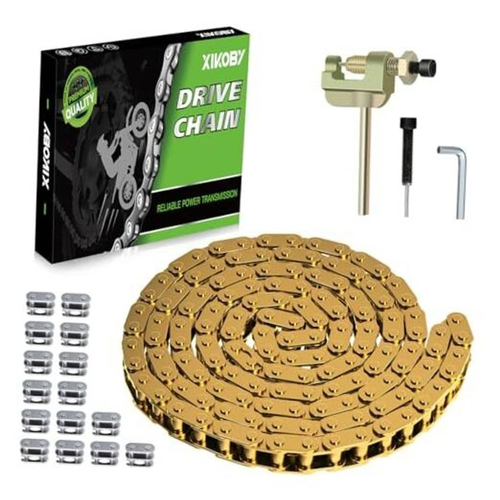Gold 134-link drive chain coil with chain breaker tool, box, and silver master links