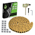 Gold 134-link drive chain coil with chain breaker tool, box, and silver master links