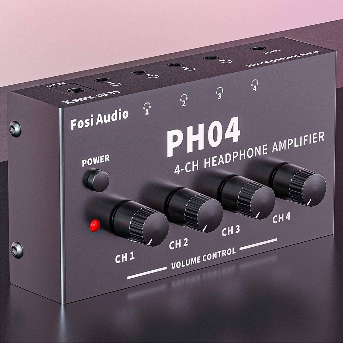 4-channel headphone amplifier front view with power button and four CH volume knobs