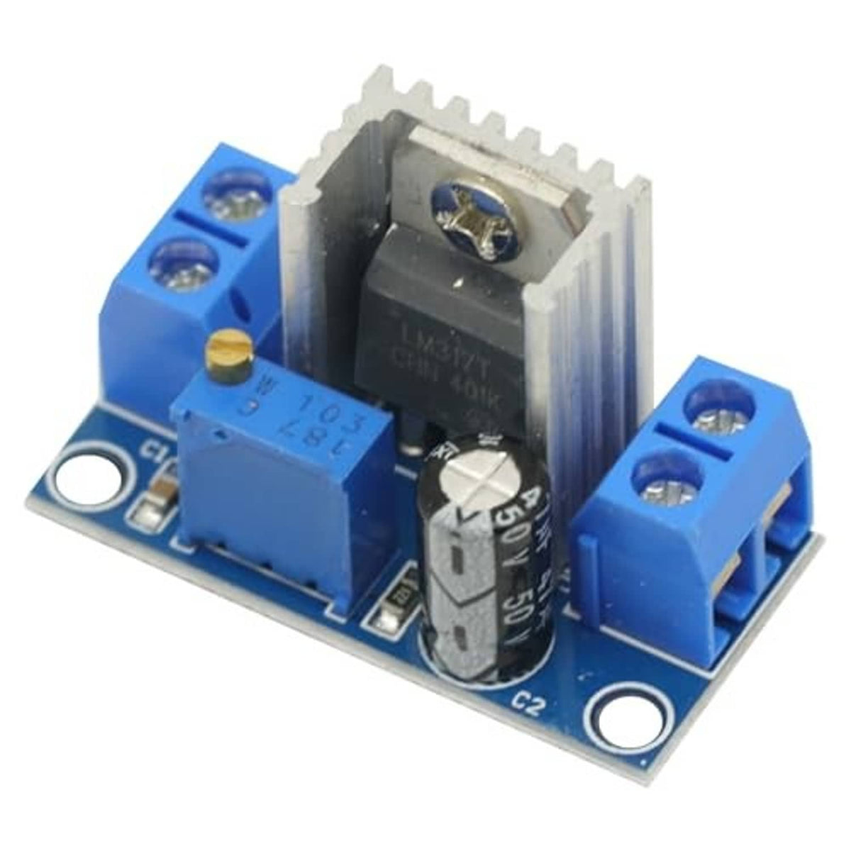LM317 adjustable voltage regulator module PCB with heatsink, blue terminal connectors
