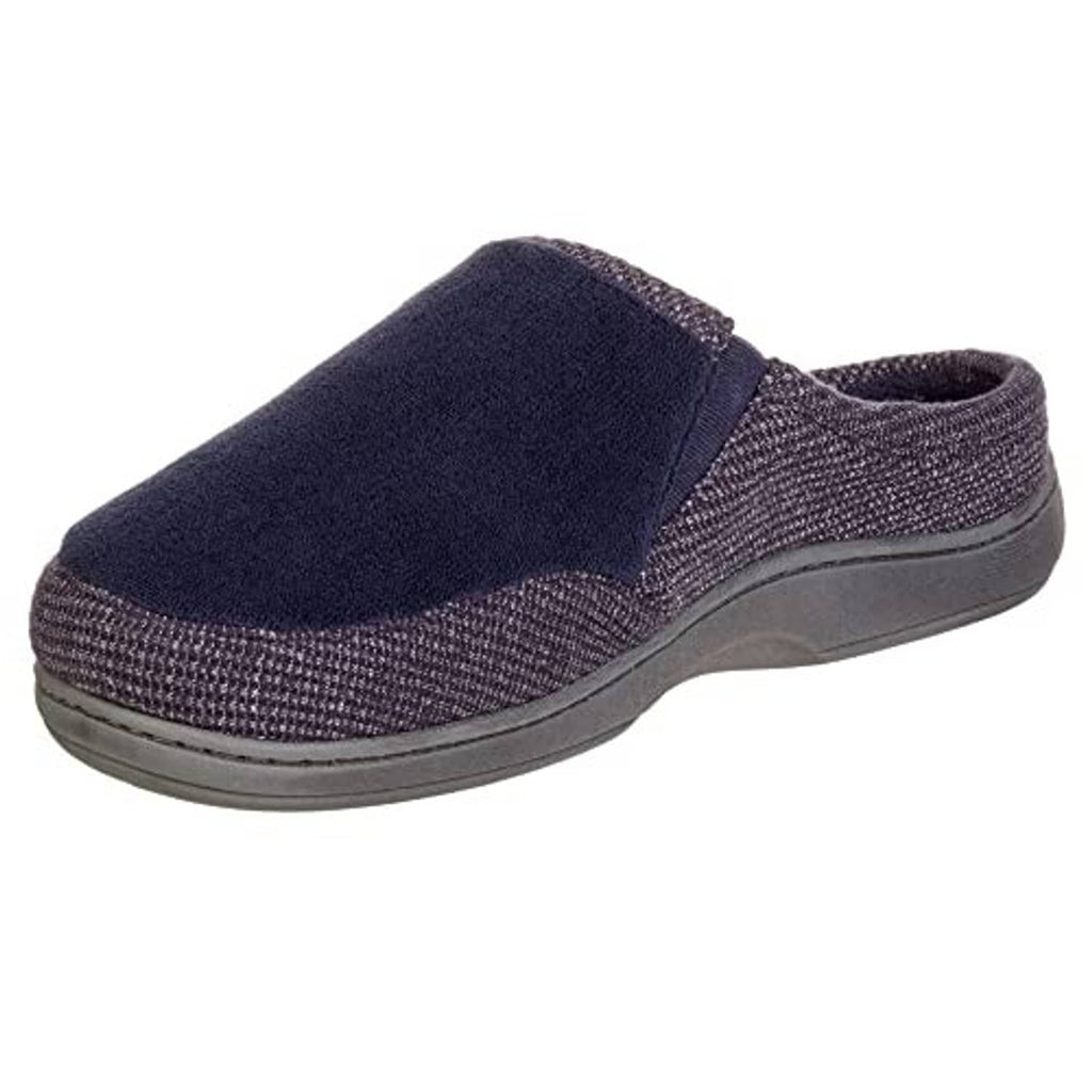 Men's navy slip-on slipper with fabric upper, padded collar, and gray sole