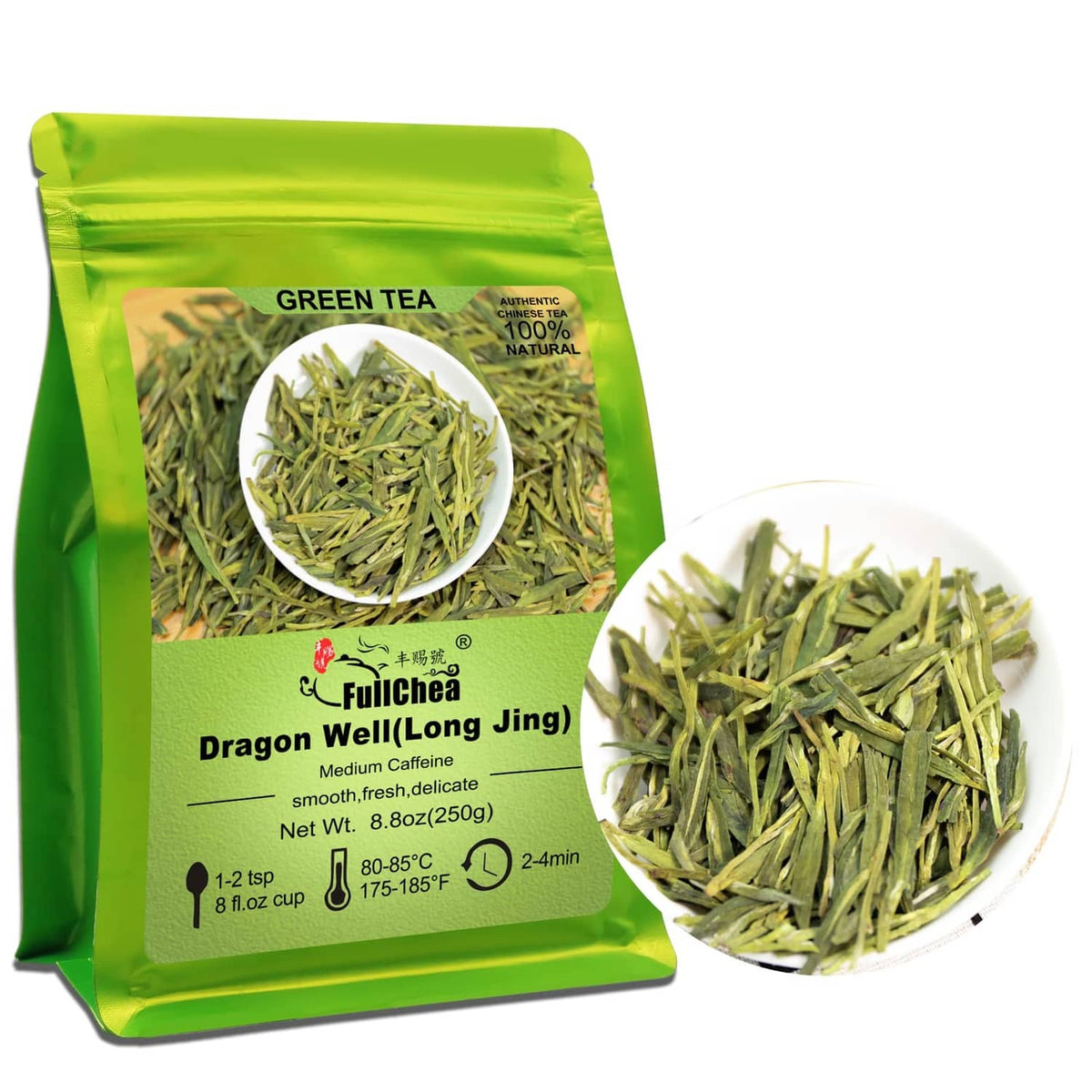 Loose Dragonwell green tea leaves in resealable pouch with bowl of leaves