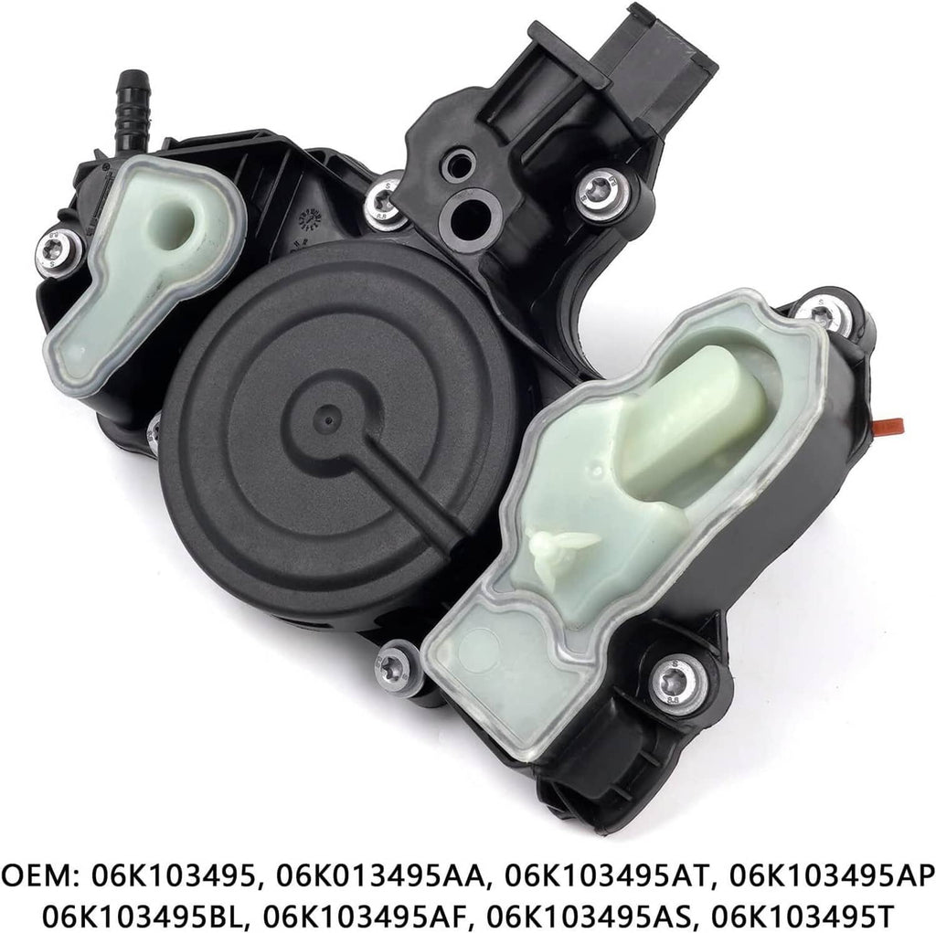 PCV valve oil separator with black circular diaphragm housing and light green/white covers