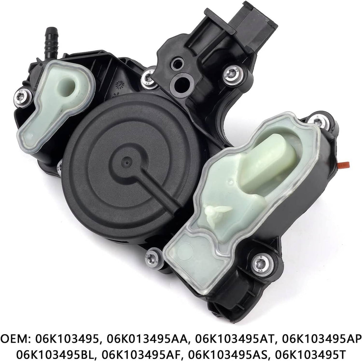 PCV valve oil separator with black circular diaphragm housing and light green/white covers