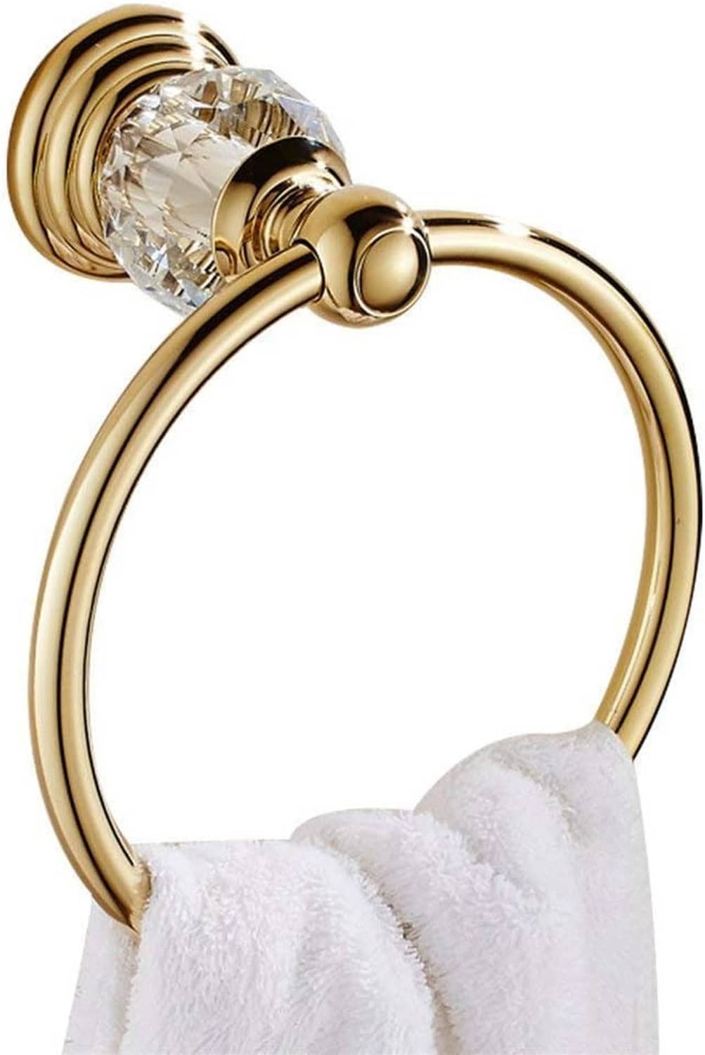 Gold towel ring with faceted crystal holder and circular metal ring