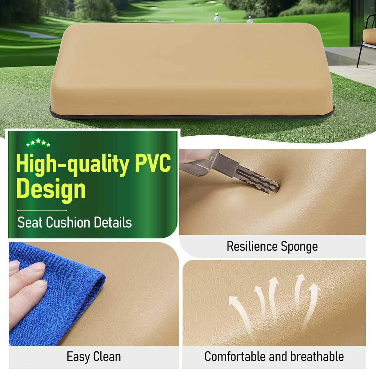 Tan seat cushion with detailed textured surface and stitching, front seat bottom pad