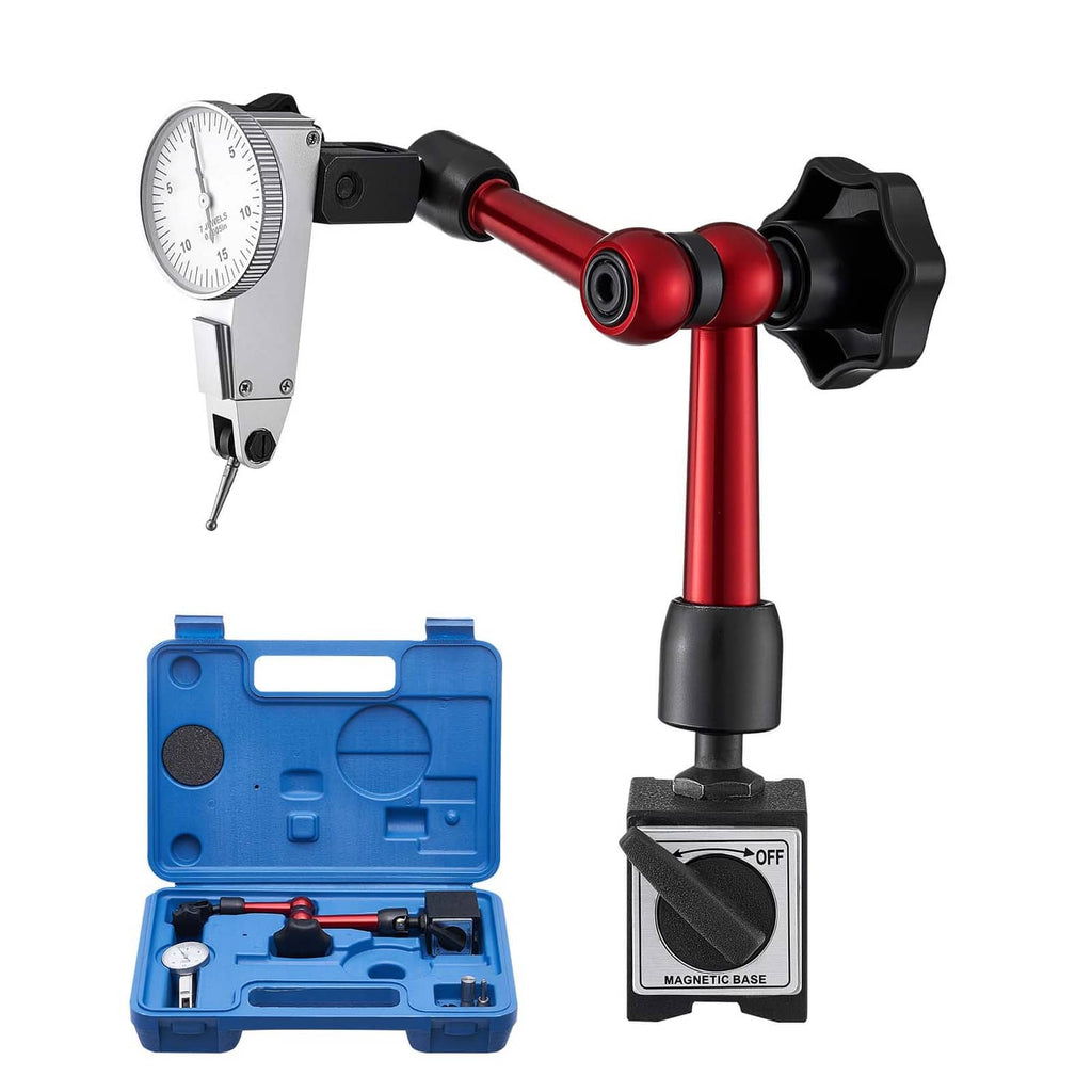Magnetic dial test indicator with red arm, black base, and white round gauge dial