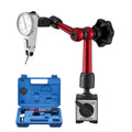 Magnetic dial test indicator with red arm, black base, and white round gauge dial