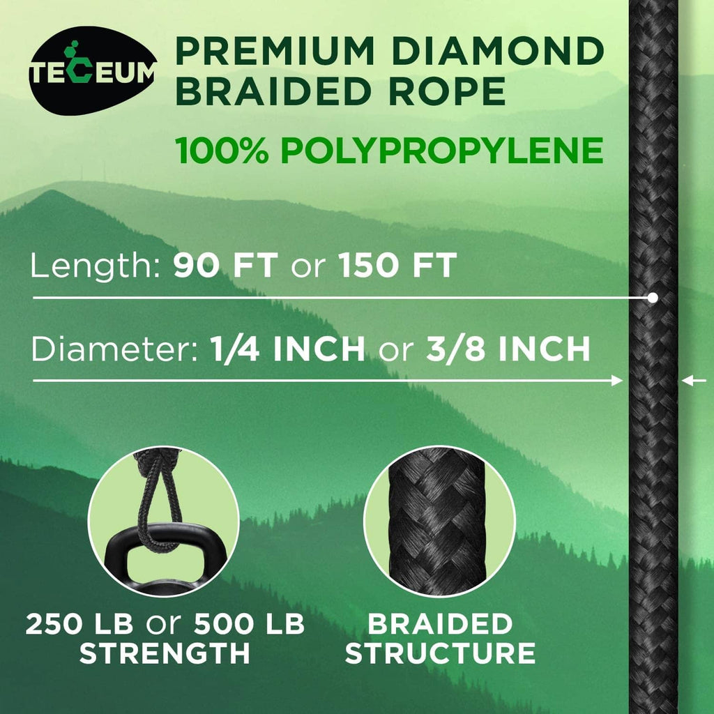 Black braided polypropylene rope, 1/4 in or 3/8 in diameter options