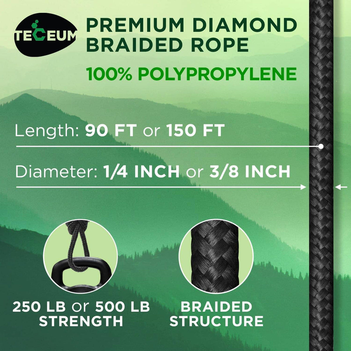 Black braided polypropylene rope, 1/4 in or 3/8 in diameter options