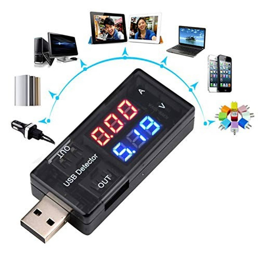 Black USB voltage current detector with large red and blue LED readings