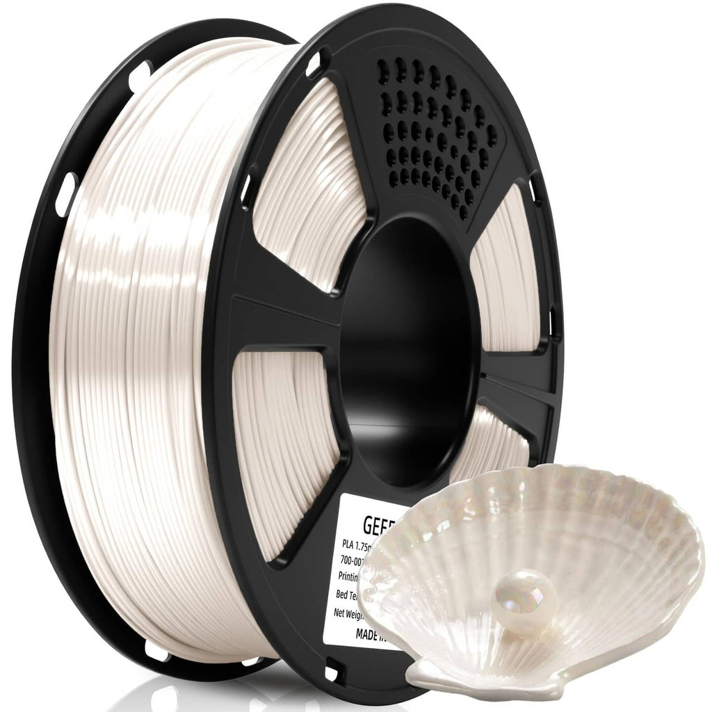 White silk PLA filament spool for 3D printing on a black reel