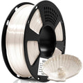 White silk PLA filament spool for 3D printing on a black reel